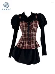 Tracksuits voor dames Koreaanse mode-outfits 3-delige shorts sets polo-neck shirts zwarte plaid vest hoge taille gezellig gothic 2000s esthetiek