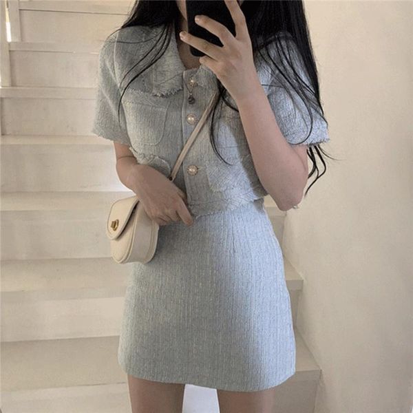 Survêtements pour femmes Style coréen japonais été 2 pièces ensemble femmes court laine Tweed veste manteau moulante Mini jupe deux tenues