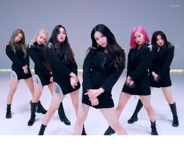 Survêtements pour femmes Kpop Corée Célébrité Été Femmes Festival Vêtements Rave Noir Blazers Tops Danseuse Concert Tenues Costume De Scène Sexy Mince