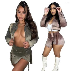 Survêtements pour femmes dames dégradé cravate-teint à manches longues veste à revers sexy culottes Spice Girl Street Fashion Denim jupe costume