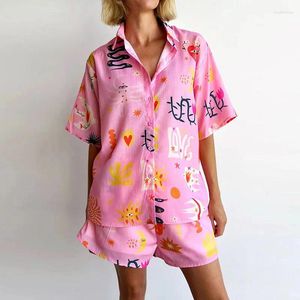Survêtements pour femmes Dames Revers Chemise à poitrine simple avec shorts Costumes Hawaii Vacances Lâche 2PC Ensembles 2024 Modèle d'été Imprimé Plage