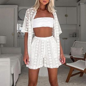 Costumes pour femmes Lady Turn-down Col Cardigan Chemise avec shorts Costumes Sexy Hollow Lace Club Party Outfit Summer Loose Beach Femmes Deux