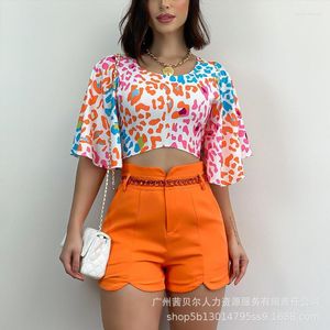 Survêtements femme imprimé léopard manches cloche haut short ensemble femmes ensembles assortis deux pièces Streetwear Orange Y2k Crop e-girl court