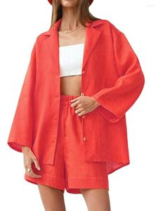 Chándales de mujer Conjuntos de lino para mujer Trajes de chándal de 2 piezas Blusa con botones de manga corta Camisa y pantalones cortos de talle alto Traje de verano