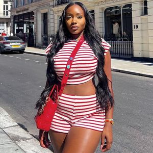 Survêtements pour femmes Lounge Wear Striped Print 2 Piece Set Femmes Casual Sporty T Shirt Crop Top Shorts Slim Streetwear Assorti Y2K Workout