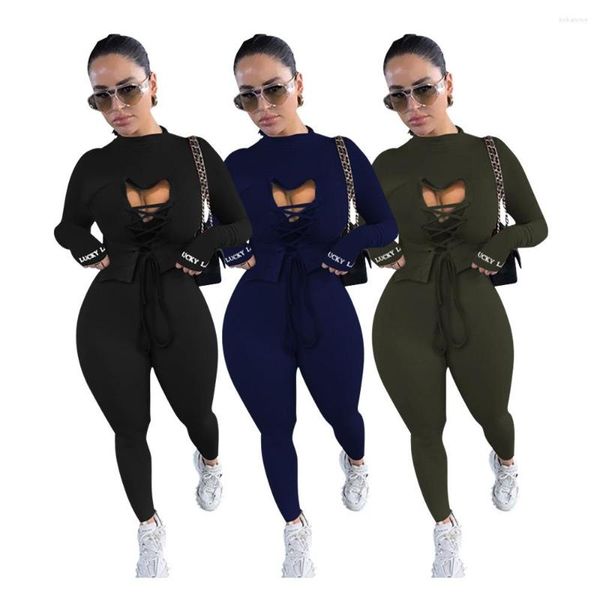 Survêtements pour femmes Étiquette porte-bonheur Deux pièces Ensemble Femmes Outfit Évider Top Moulante Combinaison Automne Vêtements Joggers Correspondant En Gros Baisse