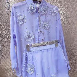 Survêtements pour femmes Perles de luxe Perles Fleurs 3D Chemises en fil de soie Violet Floral Broderie Blouses en mousseline de soie Cardigan Tops Shorts droits