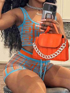 Tracksuits voor dames LW Color Block Twee stukken Shorts Pakken 2pcs Geometrische print U Neck Mulsss Tank Top Drawing String bijpassende shorts T230515