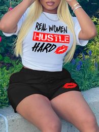 Dames Trainingspakken LW Hustle Hard Lip Print Shorts Set Eenvoudig O-hals Korte mouw Wit T-shirtElastische taille Bijpassend