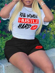 Survêtements pour femmes LW Hustle Hard Lip Print Shorts Set Simple O Neck T-shirt blanc à manches courtes Taille élastique Short assorti T230515