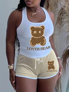 Dames Trainingspakken LW Lover Bear Letter Cartoon Print Shorts Set U-hals Mouwloos tanktopTrekkoord Bijpassende broeken Dames Dagelijks 2 stuks