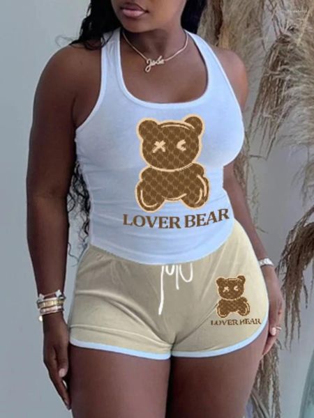 Chándales para mujer LW Lover Bear Letter Pantalones cortos con estampado de dibujos animados Conjunto con cuello en U Sin mangas Camiseta sin mangas con cordón Pantalones a juego Mujeres Diario 2 piezas