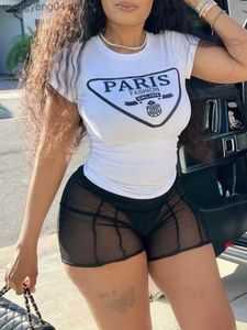 Survêtements pour femmes LW Summer Two Pieces Shorts Set O Neck Short Sleeve Letter Print White T-shirt Skinny See-through Mesh Outfits 2pcs Set Outfits T230515