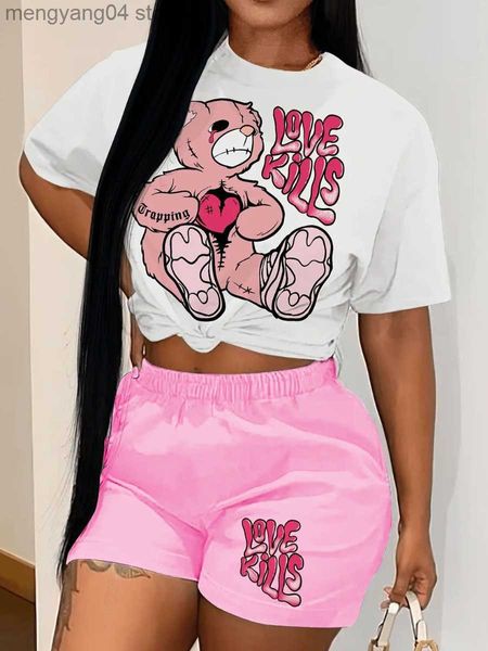 Chándales de mujer LW Teddy Bear Love Letter Print Shorts Set Jersey blanco Camiseta de manga corta a juego Cintura elástica Pink Bottoms 2pcs Trajes T230515