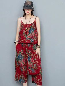 Tracksuits voor dames Lyuzhe 2024 Summer Dark Red Women Sets Gedrukt Camisole Shirt Losse kuitlange broek Tweeënpakken bij overeenkomende HLX006B