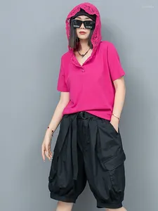 Parcours féminins Lyuzhe 2024 Les femmes d'été sets T-shirt à capuche en dentelle rouge rose lâche pantalon lanterne en deux pièces HLX025B