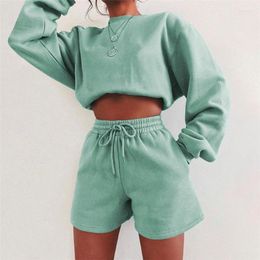 Survêtements pour femmes LZYVOO Automne Deux Pièces Ensemble Femmes Ensembles Assortis Polaire Épais Lâche À Manches Longues Pull Sans Capuche Sac Hip Shorts Casual