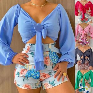 Trajes de mujer Mandylandy Mujeres de dos piezas Trajes impresos florales de manga larga Tie Front Blusa Camisa Casual Bodycon Shorts Set