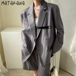 Survêtements Femme Matakawa Blazers Ensemble Deux Pièces Coréen Automne Français Col Rabattu Décontracté Lâche All-Match Tops Taille Haute Genou Longueur S