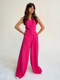 Dames Trainingspakken Mnealways18 Roze Elegante Blazer 2 Stuks Sets Hoge Taille Wijde Pijpen Broek Past Knop Vest Outfit Kantoor Dame Zomer 2023 230629