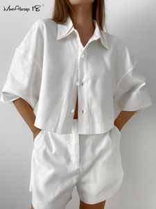 Survêtements pour femmes Mnealways18 Ensembles de shorts en lin et coton blanc 2 pièces tenues de rue chemise à manches courtes et jambe large été 2023 costume pour dames 230425