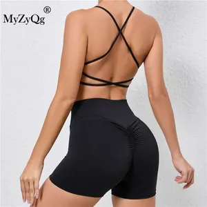 Survêtements pour femmes Myzyqg Femmes Cross Strap Back Bra Peach Bushorts Costume Deux pièces Yoga Set Running Quick Dry Tight Sports Fiess Wear