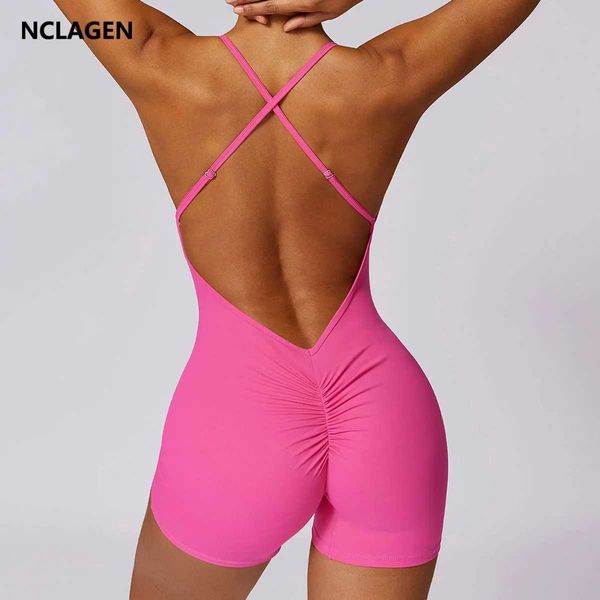 Suits-survêtements Nclagen Fitness Body Body Womens Cross Adjustable Sports PlaySuit en une seule pièce Set Scrench Shorts Bodys Bodys 240424