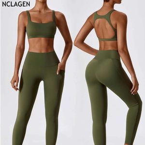 Sucts de piste pour femmes Nclagen rapide Suisse de yoga sèche Fitness Pocket Set Set Push-Up Bra and Leggings Breathable Training Pantmands Gymwear for Women J240103