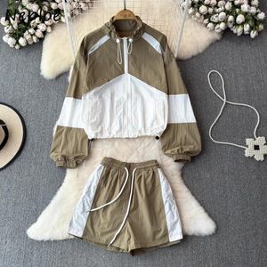 Tracksuits voor dames Neplooe Stand Collar Drawtring Lange mouw Zipper Tops Women High Taille Lace Up Losse Wide Leg Shorts 2024 Tweede stuks sets