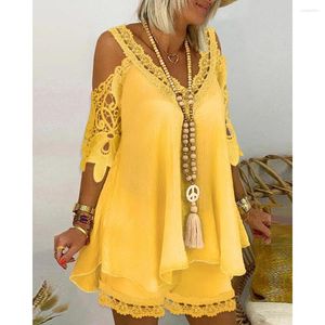 Survêtements pour femmes Ninimour Contrast Lace Cold Shoulder Flowy Top Shorts Set Sexy Hollow Out Short Sleeve Solid Lounge Two Piece Suits