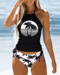 Survêtements pour femmes Ninimour Summer Coconut Tree Print Drawstring Ruched Halter Tankini Set 2023 Femmes Open Back Vest Top Holiday Two Pieces