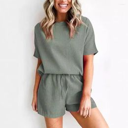 Suisses de survêtement pour femmes Suit décontracté non-souffle Texture Waffle Texture Two-Piece T-shirt à cou rond Shorts de couleur de couleur solide