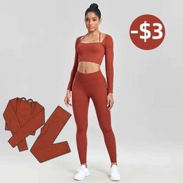 Tracksuits voor dames NormoV ribbed fitness set dames gebreide yoga set dames hoge taille dames sportset heup oefening set push up lange mouw set 240424