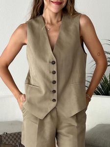 Women's Tracksuits Office Lady Brown 2 Piece Blazer Women Sets Fashion Retro Commuter Linen Vest High Waist Shorts Suits