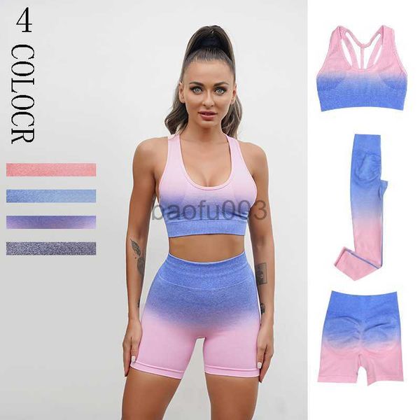 Survêtements pour femmes Ombre Ensembles Femmes Gym Vêtements Leggings Sans Couture Soutien-Gorge De Sport Shorts De Course Deux Pièces Ensemble Tenues Fitness Workout Costume De Sport J230525