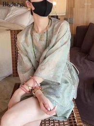 Bordes de canciones de mujeres bordados de verano de gran tamaño estilo chino 2 set de dos piezas Mujeres de moda sueltas blusas de pierna ancha mini