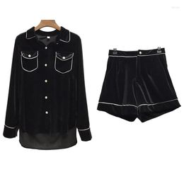 Chándales de mujer QUIZÁS U Mujeres Conjunto de dos piezas Camisa Pantalones cortos Cuello vuelto Negro Manga larga Bolsillo de terciopelo Elegante T0286