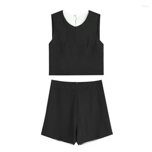 Trajes de mujer Tal vez U Mujeres Conjunto de dos piezas O Cuello Sin mangas Back Bow Shorts Verano Negro Beige T0200