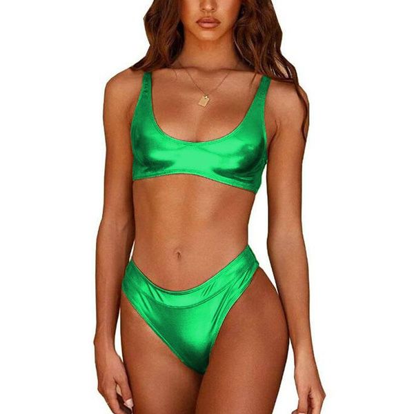 Les survêtements féminins plus taille sexy mirodrique brillant de Bikini Femmes Summer Classic Bathing Bathing 2 pièces Sents Sans manches crop top avec BRI CUP HIGH