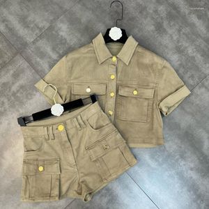 Survêtements pour femmes Prepomp 2023 Collection d'arrivée d'été à manches courtes Armée Veste verte Taille haute Short Deux pièces Ensemble Femmes Tenues