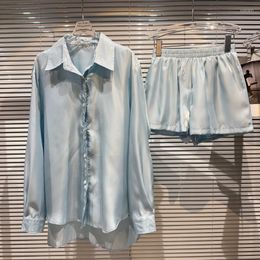 Chándales de mujer PREPOMP Llegada de verano Manga larga Turn Down Collar Camisa suelta azul claro Pantalones cortos de cintura elástica Conjunto de dos piezas Trajes