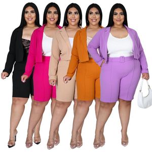 Survêtements pour femmes Taille Pus Automne Vêtements 2023 Two Pece Set Femmes Manches longues Costume Shorts avec ceinture Bureau Lady Party Club Tenues en gros