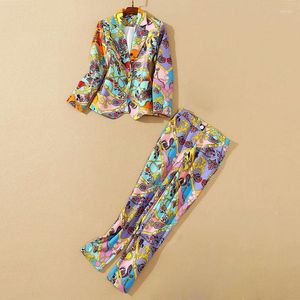 Survêtements pour femmes QUALITY HIGH Designer Runway Suit Set Women's Notched Long Sleeve Blazer Pant Vintage Floral Print