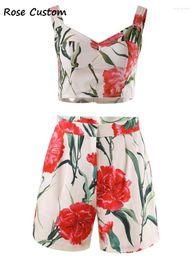Survêtements pour femmes Rouge RoosaRosee Sexy V-neckCollar Backless Floral Print Strap Bohemian White Shorts Suits Set 2023 Spring Summer Women