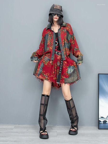 Suits-survêtements pour femmes Rétro Style chinois Big Flower Denim Abèle Veste à manches longues Shorts élastiques Shorts en deux pièces Suit de mode d'été