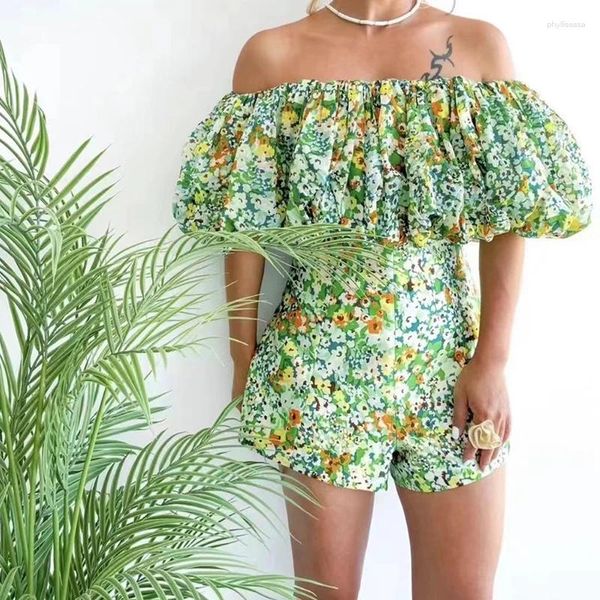 Suisses de survêtement féminines Green rétro Small Floral Floral One-Line Budefed Sleeve Top Time 2024 Summer de la mode à taille haute haute-taille