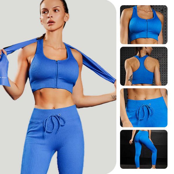 Fatos de treino femininos Conjunto de ioga com nervuras Sutiã esportivo feminino Leggings de ginástica Conjunto de duas peças Meia-calça Calção de treino Agasalho feminino P230506