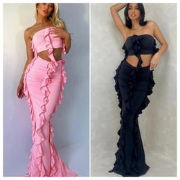 Survêtements pour femmes volants robe 2 pièces ensemble femmes 2023 été plage porter vacances tenues culture bustiers et dos fendu moulante jupe longue