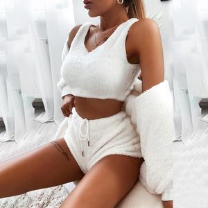 Costumes pour femmes Vente Femmes Coral Velvet Pyjamas Set Sexy Polaire Fluffy 3 Pièce Cardigan Crop Tops Shorts Costume Casual Vêtements De Nuit Survêtement