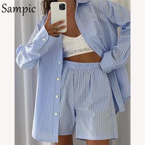 Tracksuits voor dames Sampic Loung Wear Tracksuit Women Shorts Set Stripe Stripe Shirt Tops en Taille Losse High Mini Shorts Two -Pally Sets 230508